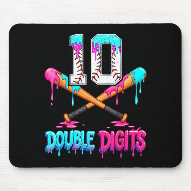 Baseball 10 Year Old Ice Cream Drip 10th Bday Doub Mouse Pad (Front)