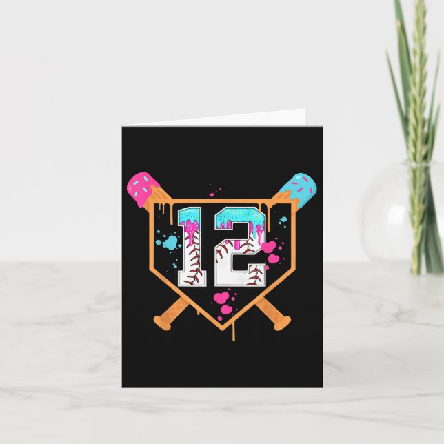 Baseball 12th Birthday Boy Ice Cream Drip 12 Year  Card (Front)