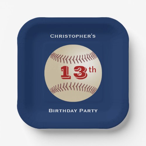 Baseball 13th Birthday Party Name Square  Paper Plates
