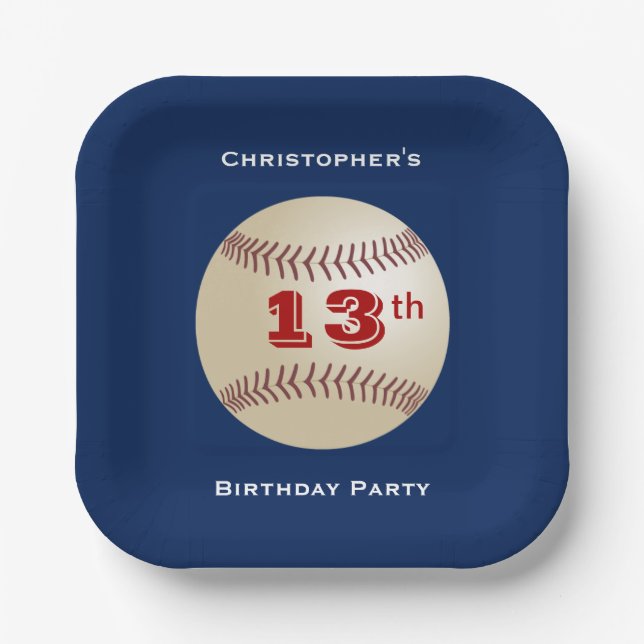 Baseball, 13th Birthday Party, Name, Square  Paper Plates (Front)