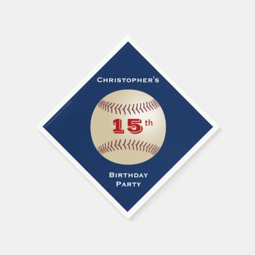 Baseball 15th Birthday Party Name Blue Paper Napkins