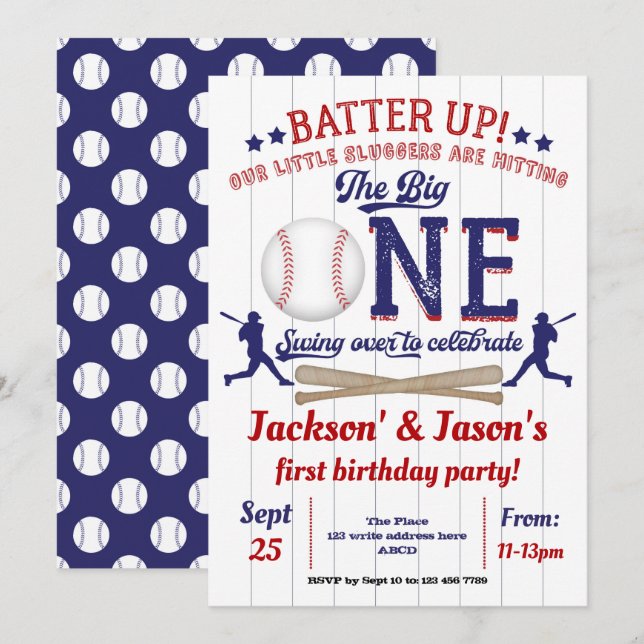 Baseball, 1st Birthday for Twins, First Birthday Invitation (Front/Back)