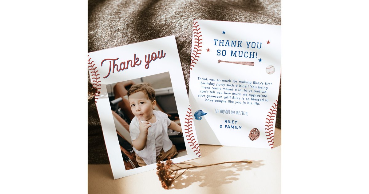 Baseball 1st Birthday Party Thank You Card | Zazzle