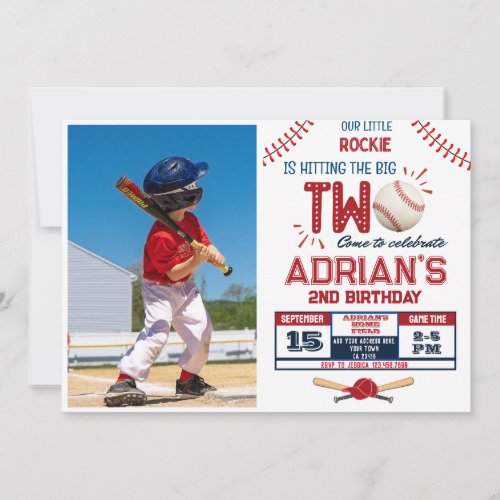 Baseball 2nd birthday boy photo invitation