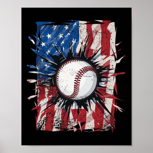 Baseball 4th Of July Men Usa American Flag Boys  Poster