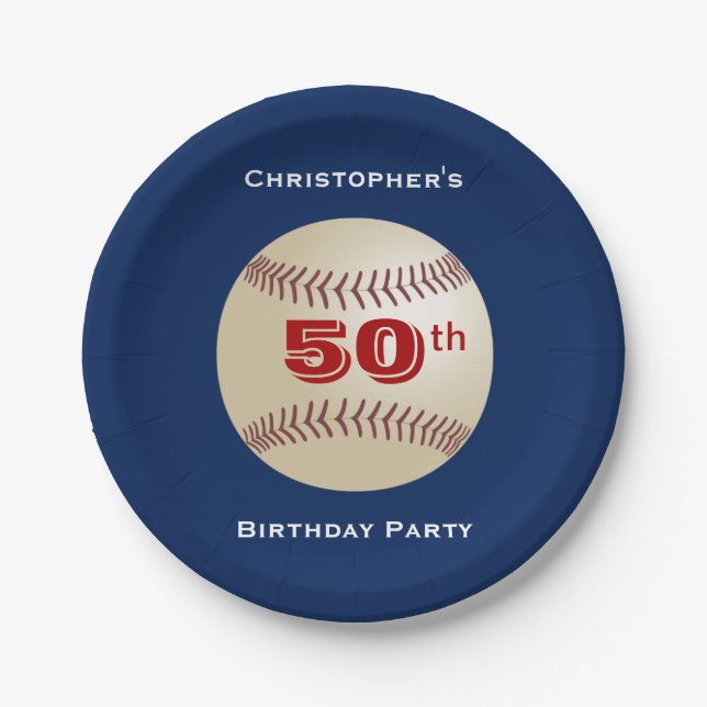 Baseball, 50th Birthday Party, Name, Blue Paper Plates (Front)