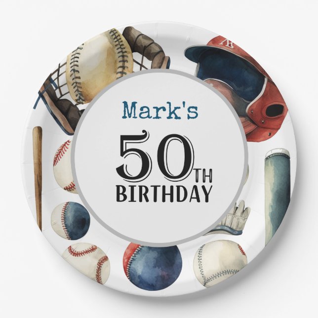 Baseball 50th Birthday Party  Paper Plates (Front)