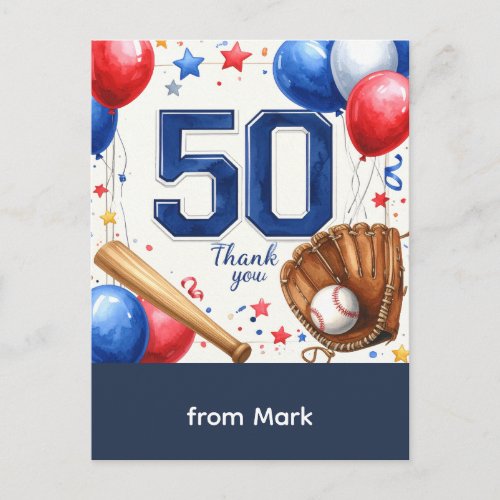 Baseball 50th Birthday Thank you Postcard