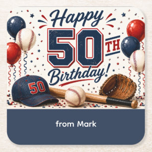 Baseball 50th Birthday Thank you Square Paper Coaster