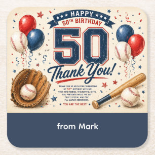 Baseball 50th Birthday Thank you Square Paper Coaster