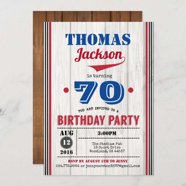 Baseball 70th birthday invitation. Rustic wood Invitation (Front/Back)