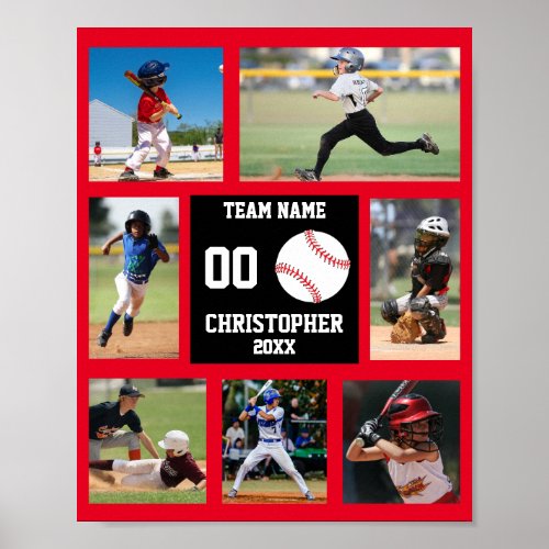 Baseball 7 Photo collage Red team name Poster