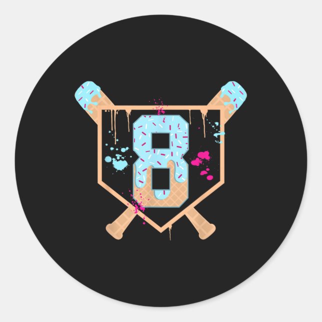 Baseball 8 Year Old Ice Cream Drip 8th Birthday Bo Classic Round Sticker (Front)