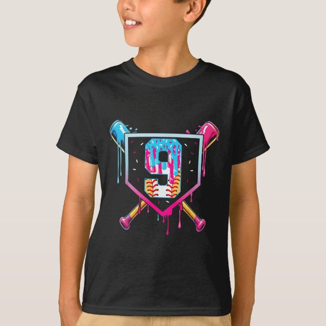 Baseball 9 Year Old Ice Cream Drip 9th Birthday Bo T-Shirt (Front)