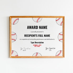 Baseball Achievement Award Certificate - Instant  Poster