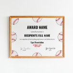 Baseball Achievement Award Certificate - Instant  Poster at Zazzle