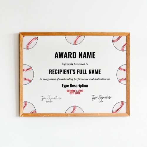Baseball Achievement Award Certificate _ Instant  Poster
