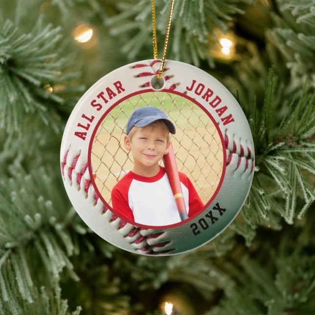 Baseball ALL STAR Name 2 Photo Personalized Ceramic Ornament (Tree)