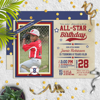 Baseball All-Star Photo Birthday Party Invitations