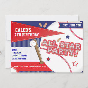 Baseball All Star Red White Blue Birthday Party Invitation