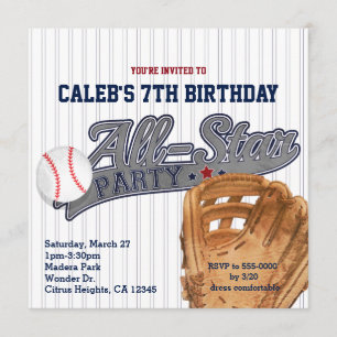 Baseball All Star Sports Striped Birthday Party Invitation