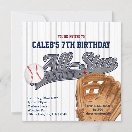 Baseball All Star Sports Striped Birthday Party Invitation