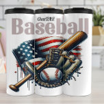 Baseball: American Flag, Bat, Glove Thermal Tumbler<br><div class="desc">This patriotic graphic features a classic baseball bat and glove with a ball,  set against a distressed American flag. The word "Baseball" stands boldly at the top,  embodying the spirit of America's beloved pastime. The vibrant colors and dynamic composition celebrate the sport's deep connection to national pride.</div>