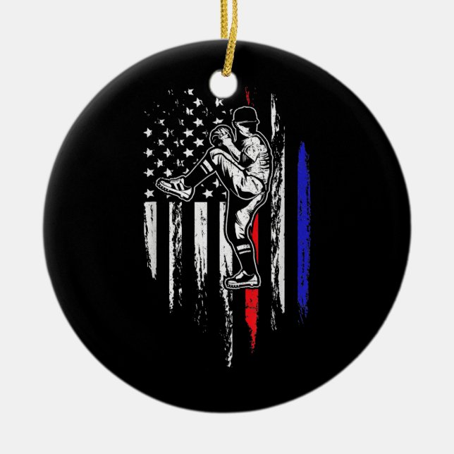 Baseball American Flag Pitcher USA Pitching 4th Ceramic Ornament (Front)