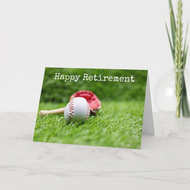 Baseball and bat are on green grass retirement card (Front)