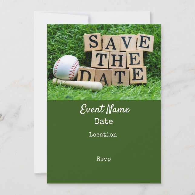 Baseball and bat are on green grass save the date (Front)