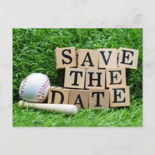 Baseball and bat with save the Date on green grass Postcard