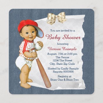 Baseball And Denim Baby Boy Shower Invitation by The_Vintage_Boutique at Zazzle