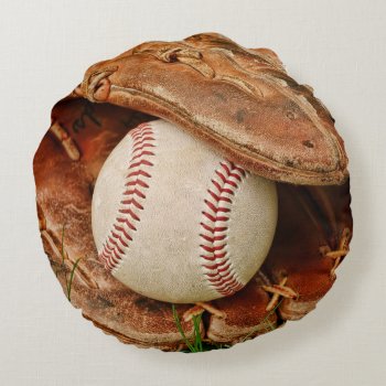 Baseball And Old Mitt In The Summer Grass Round Pillow by Meg_Stewart at Zazzle