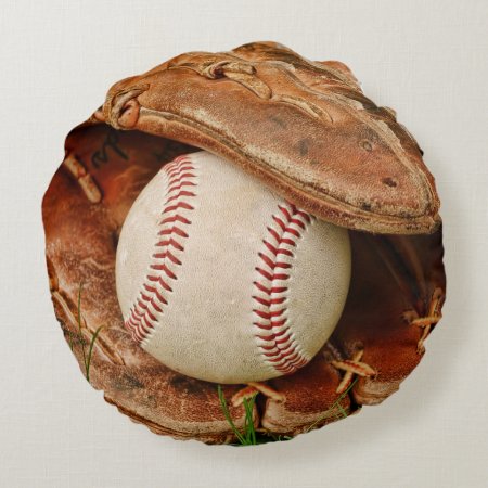 Baseball And Old Mitt In The Summer Grass Round Pillow