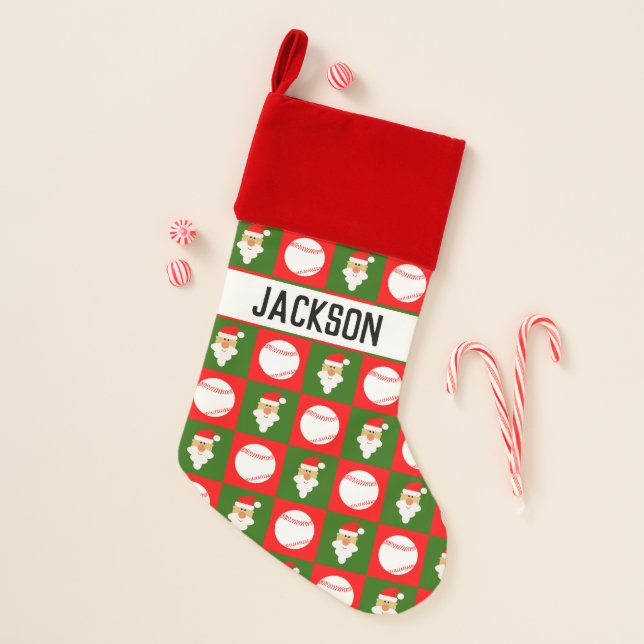 Baseball and Santa Pattern Custom Player Name Christmas Stocking (Front)