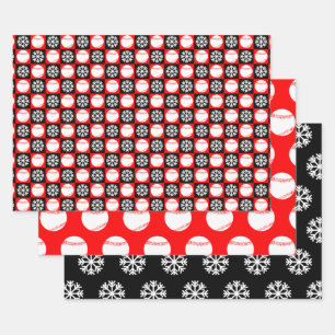 Baseball and Snowflake Red and Black Christmas Wrapping Paper Sheets