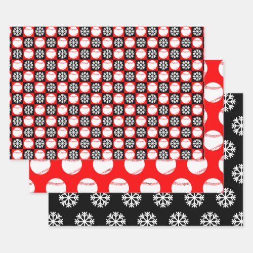 Baseball and Snowflake Red and Black Christmas Wrapping Paper Sheets