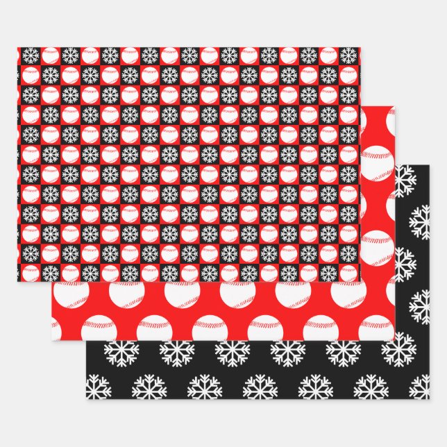 Baseball and Snowflake Red and Black Christmas Wrapping Paper Sheets (Set)