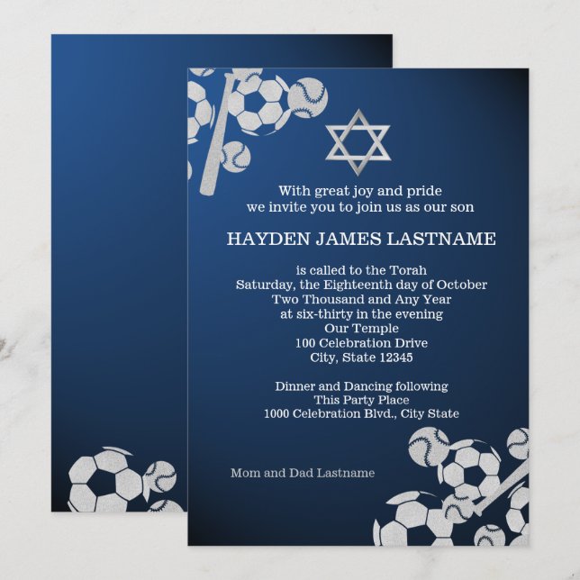 Baseball and Soccer Bar Mitzvah Invitation (Front/Back)