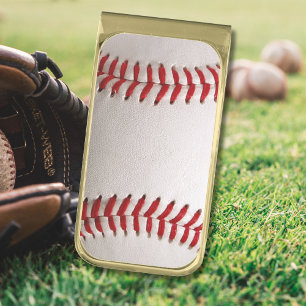 Baseball and Softball Red Stitching Gold Finish Money Clip
