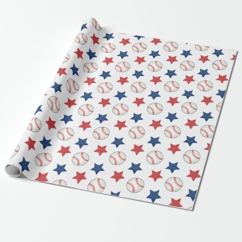 Baseball and Stars Red White and Blue Pattern Wrapping Paper
