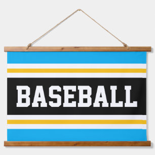 BASEBALL Azure Blue Black Orange White Stripes Hanging Tapestry
