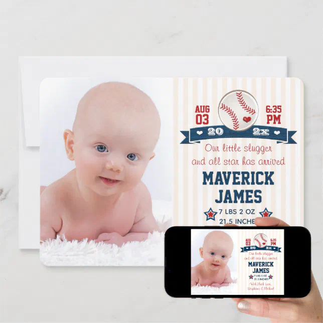 Baseball Baby Birth Announcement with Photos Zazzle