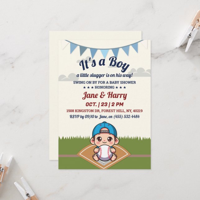 Baseball Baby Boy Shower Invitation Little Slugger (Front/Back In Situ)