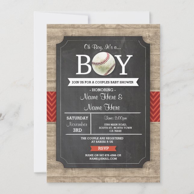 Baseball Baby Shower Boy Red Sports Wood Invite (Front)