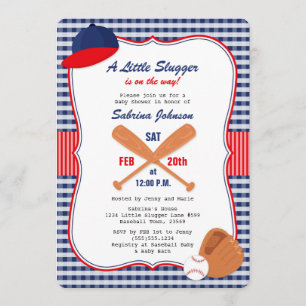 Baseball Baby Shower Invitation Blue Red Gingham