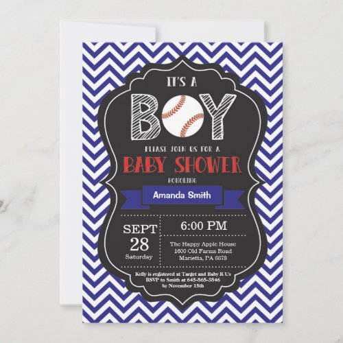 Baseball Baby Shower Invitation Boy Blue Chevron
