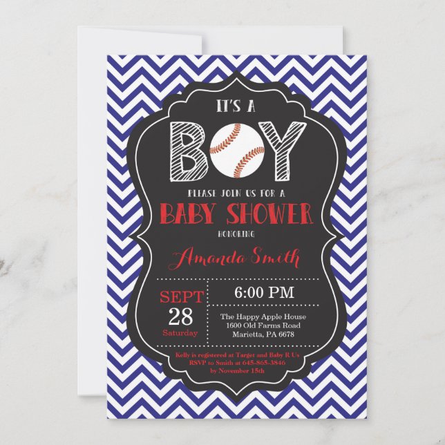 Baseball Baby Shower Invitation Boy Blue Chevron (Front)