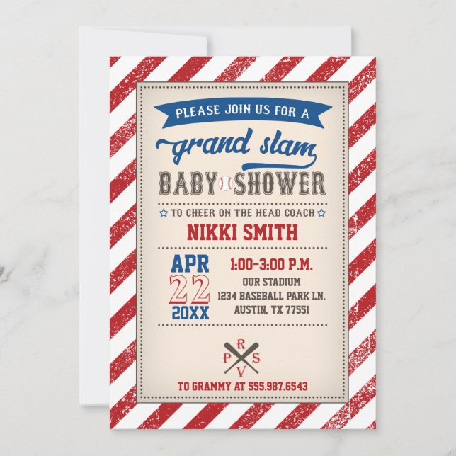 Baseball Baby Shower Invitation Vintage Red Blue (Front)
