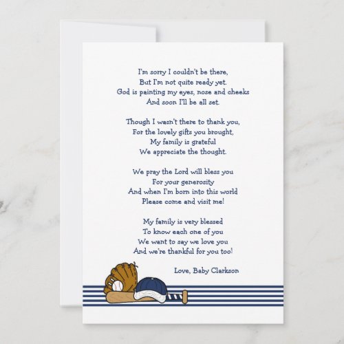Baseball Baby Shower Thank you note with poem Invitation